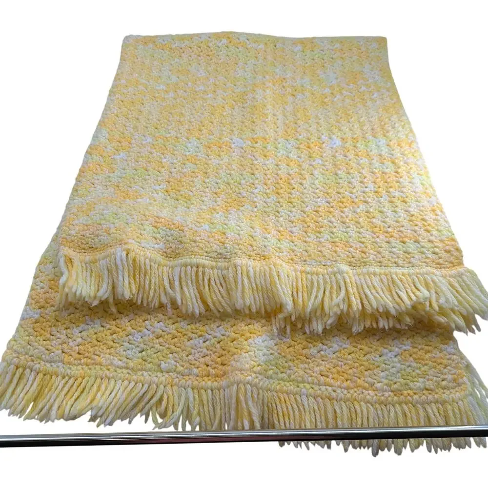 Vintage Crochet Throw Blanket Fringe Cottagecore Yellow Orange White Handmade